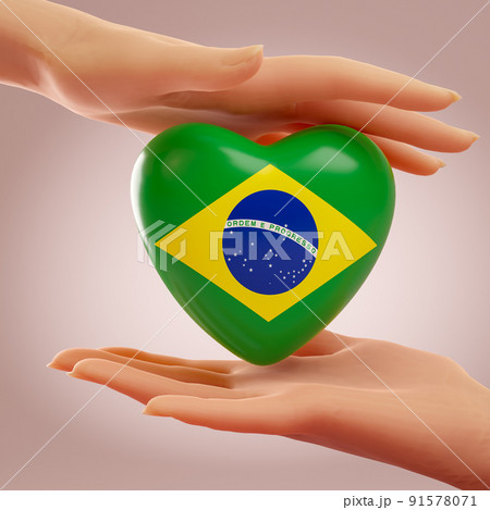 Two hands holding heart with flag of Brazil. Concept of love, freedom, independence and country support. 3D rendering. 91578071