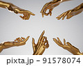 Lots of golden human hands with different gestures pointing over white background. Human golden hand pointing in golden ring frame. Background for cosmetics, fashion, product show. 3D rendering. 91578074