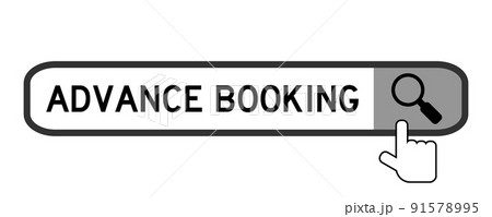 Search banner in word advance booking with hand over magnifier icon on white background 91578995