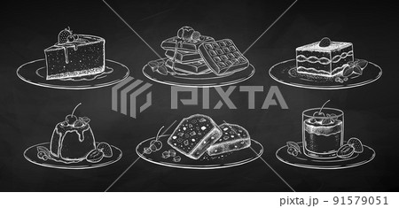 Chalk illustrations of desserts and cakes 91579051