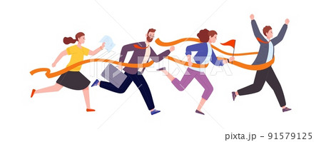 Business team finish. Office teamwork with executive leader on corporate run cross, joy of win business people together, triumph success goal sport work racing, vector illustration 91579125