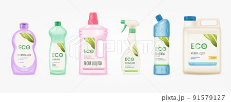 Labels for detergent bottle. Mockup cleaner bottles with label, disinfectants polypropylene package labeling branding washing cleaning chemical eco friendly products 3d tidy vector 91579127