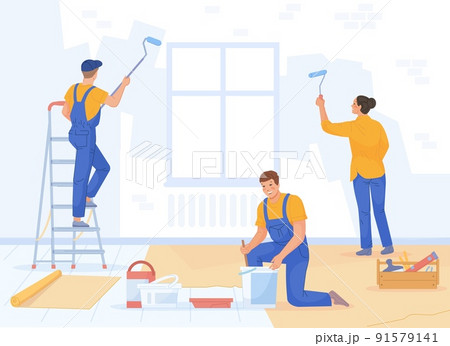 Paint repair team. Decorative repairment plaster of house room, craftsman master renovate putty wall apartment, process maintenance builder Paint repair team. Decorative repairment plaster of house room, craftsman master renovate putty wall apartment, process maintenance builder 91579141