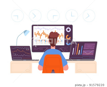 Trader. Professional broker looking screen of finance trading international traders companies, data analysis selling investment exchange currency splendid vector illustration Trader. Professional broker looking screen of finance trading international traders companies, data analysis selling investment exchange currency splendid vector illustration 91579220