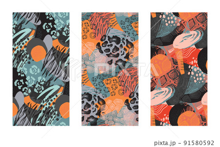 Collection of three vector seamless patterns with hand drawn animal skin ornament. Set of modern trendy endless backgrounds 91580592