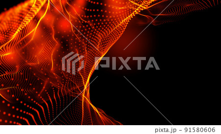 abstract curved yellow-orange lines with curved lines in the form of orange dots of different sizes with the addition of orange highlights on a black background. Template for cover, flyer or banner 91580606