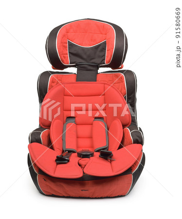 Front view of empty red baby car seat 91580669
