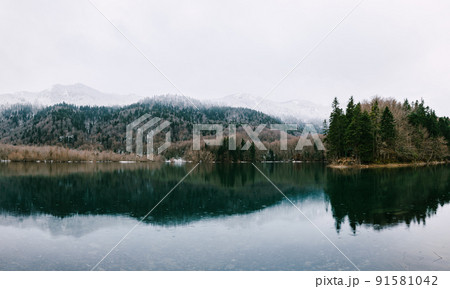 Panorama of the lake against the background of forest and mountains in the park Biogradska Gora. Montenegro 91581042