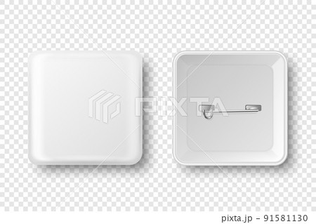 Vector 3d Realistic Square White Metal, Plastic Blank Empty Button Badge Icon Isolated. Button Pin Badge. Glossy Brooch Pin. Top View - Front and Back Side. Template for Branding, Mock-up 91581130