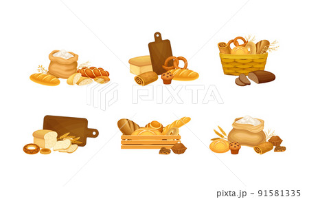 Bakery pastry products set. Sack of wheat, baguette, rye bread, whole wheat loaf, buns vector illustration 91581335