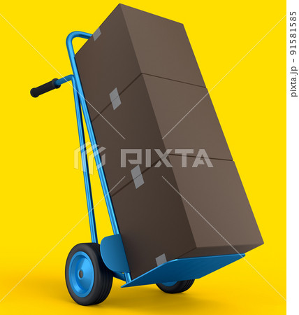 Airport luggage cart or baggage trolley side with stack of cardboard boxes or cartons on yellow background. 3d render element of airport or warehouse service Airport luggage cart or baggage trolley side with stack of cardboard boxes or cartons on yellow background. 3d render element of airport or warehouse service 91581585