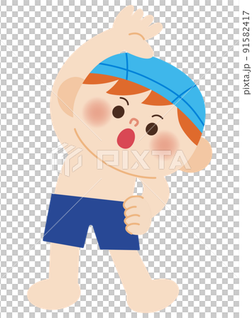 Illustration of a boy in a swimsuit doing a preparatory exercise 91582417