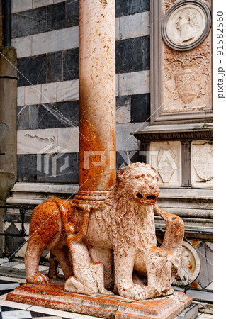 Portal of the red lions, main entrance to the cathedral Santa Maria Maggiore. Bergamo, Italy 91582560