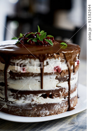 Chocolate brownie cake with cherries and mint leaves. Close up Chocolate brownie cake with cherries and mint leaves. Close up 91582644