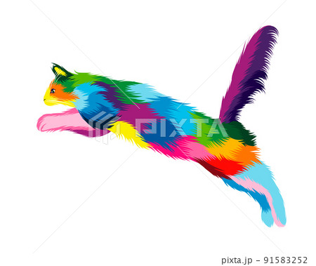 Abstract fluffy cat plays from multicolored paints. Colored drawing 91583252
