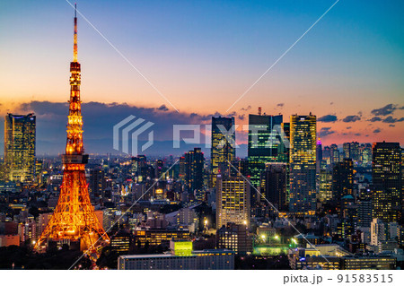 大都会東京のシンボル 東京タワー 夕景・夜景 大都会東京のシンボル 東京タワー 夕景・夜景 91583515