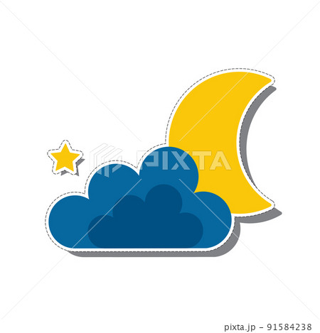 Image of a yellow month and a star behind a blue cloud. Vector illustration. Image of a yellow month and a star behind a blue cloud. Vector illustration. 91584238