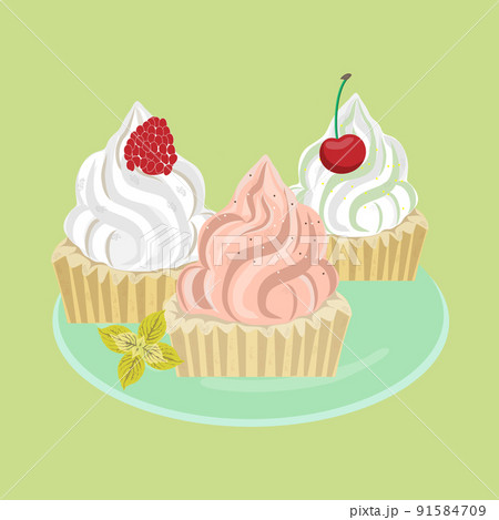 Happy birthday greeting card with cupcakes, ribbons and inscription. Vector graphics 91584709