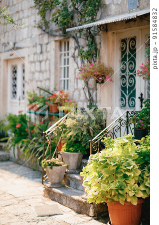 Threshold of an old stone house with flowers in pots Threshold of an old stone house with flowers in pots 91584832
