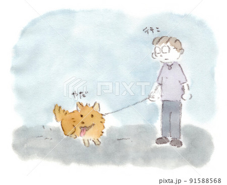 犬の散歩（夜）：途中で止まって飼い主を待たせている犬の水彩画イラスト 91588568