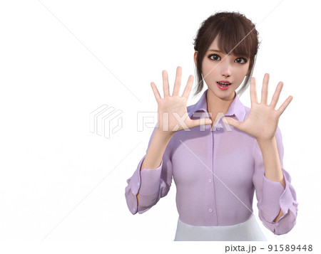 10のポーズをとる若い女性OL 91589448