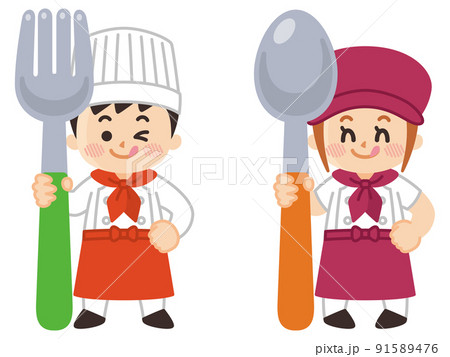 子供料理人　大きなフォークとスプーン 91589476