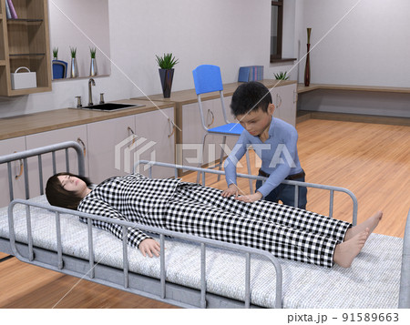 母親の看病をする男の子 91589663