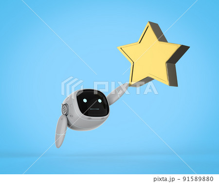 Small and cute assistant robot holding golden star trophy 91589880