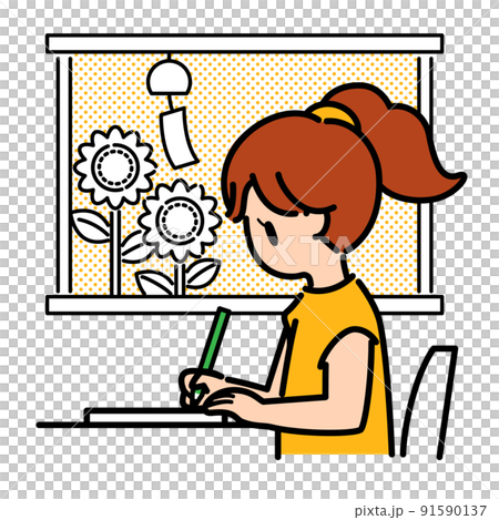 Girl studying sunflower 91590137