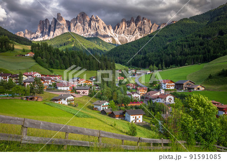St. Magdalena village in Funes Valley, Dolomites, Northern Italy 91591085