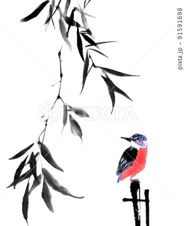水墨画技法で描いたヤナギとカワセミのイラスト素材 [91591698] - PIXTA