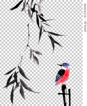 Willow and kingfisher drawn by ink painting technique Willow and kingfisher drawn by ink painting technique 91591698