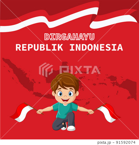 Cartoon little holding an Indonesian flags Cartoon little holding an Indonesian flags 91592074