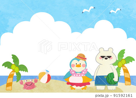 海水浴・ビーチで水着を着たシロクマ・ペンギンのイラスト 91592161