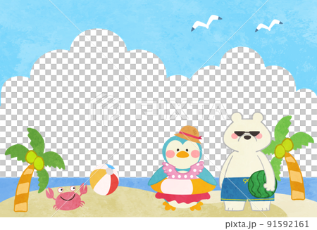 海水浴・ビーチで水着を着たシロクマ・ペンギンのイラスト 91592161