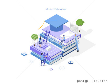 Education concept. Student ascending pile of books with graduation cap on top. Isometric vector illustration. Education concept. Student ascending pile of books with graduation cap on top. Isometric vector illustration. 91593167