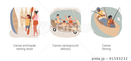 Lake canoeing isolated cartoon vector illustration set. Canoe renting store, kayak rental service, campground delivery, father and son sitting fishing, family summer vacation vector cartoon. Lake canoeing isolated cartoon vector illustration set. Canoe renting store, kayak rental service, campground delivery, father and son sitting fishing, family summer vacation vector cartoon. 91593232