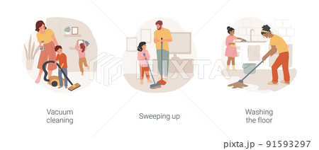 Home cleaning isolated cartoon vector illustration set. Vacuum cleaning, child and mother doing housework together, sweeping up, washing the floor, kid helping parents to clean vector cartoon. Home cleaning isolated cartoon vector illustration set. Vacuum cleaning, child and mother doing housework together, sweeping up, washing the floor, kid helping parents to clean vector cartoon. 91593297