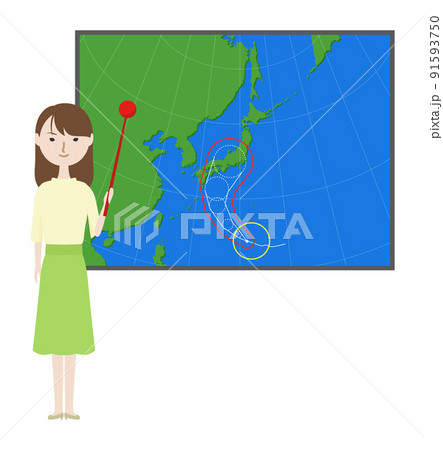 台風を進路予想図で説明をする女性の気象予報士 台風を進路予想図で説明をする女性の気象予報士 91593750