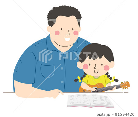Kid Girl Dad Teach Guitar Song Book Illustration Kid Girl Dad Teach Guitar Song Book Illustration 91594420