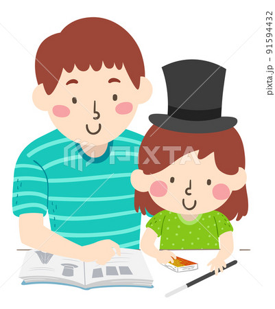 Girl Teen Brother Teach Basic Magic Illustration 91594432
