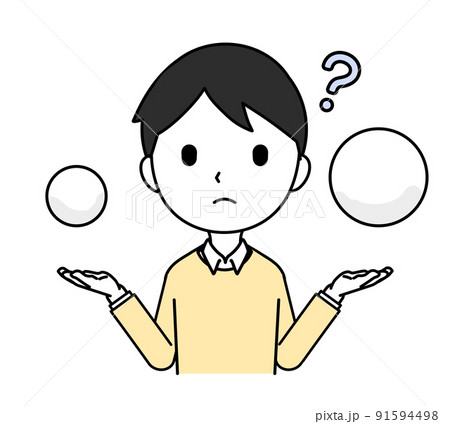 両手にモノを持って比べる男性のイラスト 困り顔 上半身 線画 両手にモノを持って比べる男性のイラスト 困り顔 上半身 線画 91594498