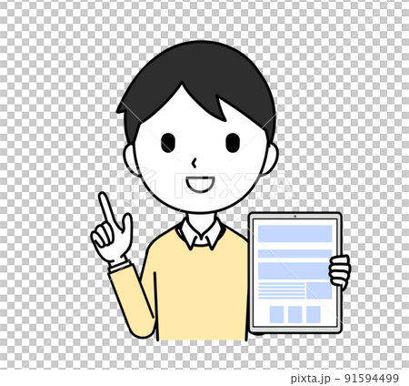 Illustration of a man holding a tablet and pointing his finger Upper body line drawing Illustration of a man holding a tablet and pointing his finger Upper body line drawing 91594499