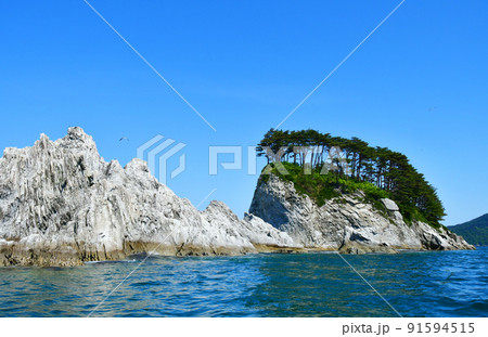 三陸復興国立公園　岩手県　宮古市　みやこ浄土ヶ浜　観光船から剣の山　と田代崎半島を望む 91594515