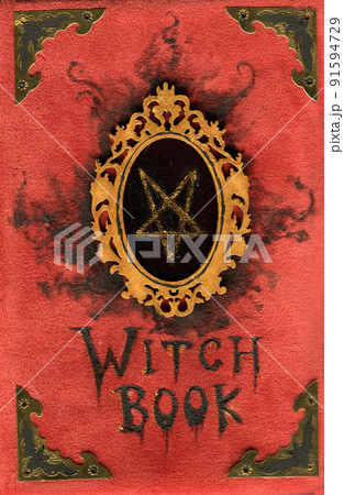 Hand drawn cover with wicca and mystic symbols for witch magic spell book. Gothic, occult and esoteric background Hand drawn cover with wicca and mystic symbols for witch magic spell book. Gothic, occult and esoteric background 91594729