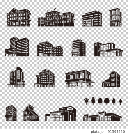 様々な建物のベクターイラスト. 建物のシルエット. 91595230