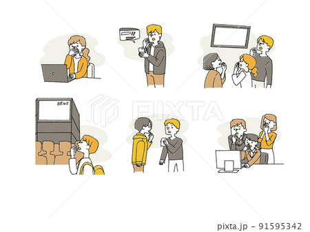 悪いニュースや噂にショックを受ける人々のセット　コミカルな手書きの素材　ベクター、温かみのある線画 91595342