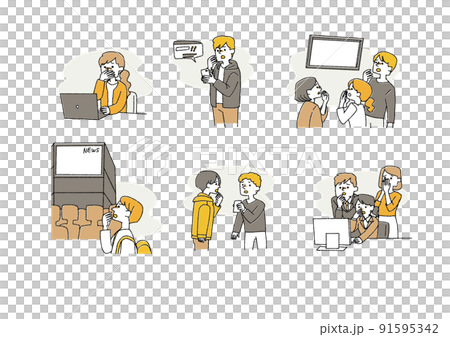 悪いニュースや噂にショックを受ける人々のセット　コミカルな手書きの素材　ベクター、温かみのある線画 91595342