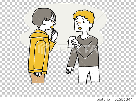 スマホでネットニュースを見てショックを受ける男性二人　悪いニュースや噂にショックを受ける人々 91595344