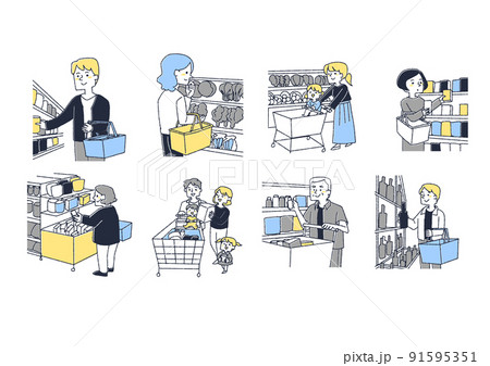 スーパーマーケットで買い物する人々のセット　コミカルな手書きの素材　ベクター、温かみのある線画 91595351